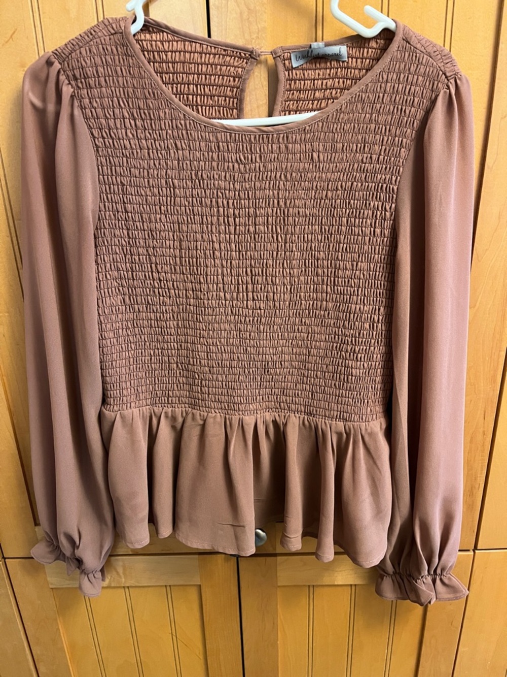 Wishlist Apparel Smocked Peplum Long-Sleeve Top - Mauve Brown